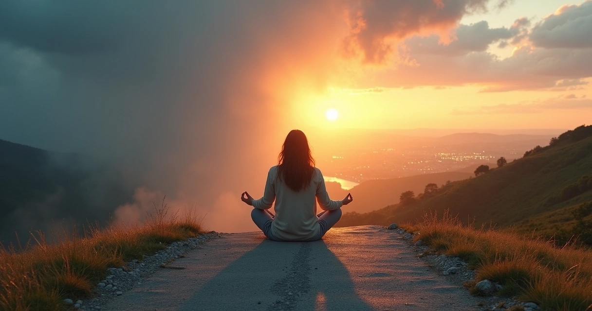 Pessoa meditando em encruzilhada entre caminho caótico e caminho sereno 