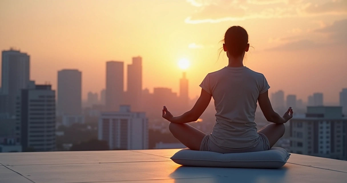 Pessoa sentada meditando em ambiente urbano ao entardecer 