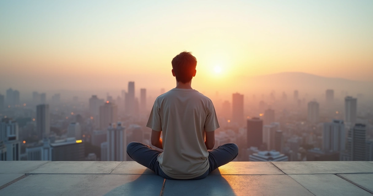 Pessoa sentada meditando diante de paisagem urbana ao amanhecer 