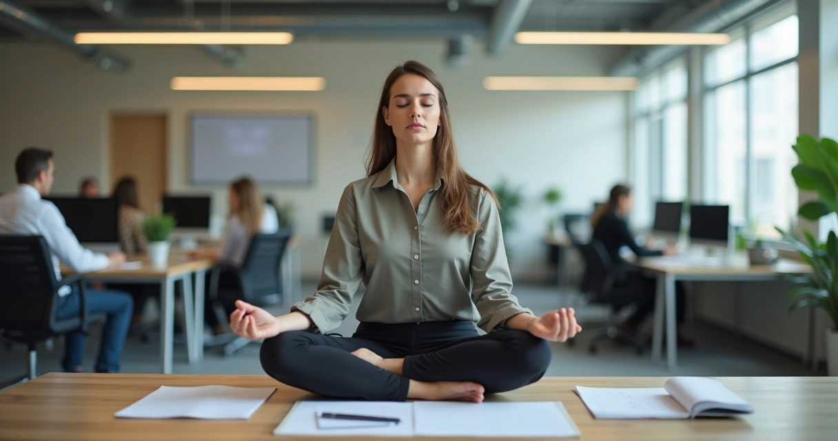 Pessoa sentada em cadeira de escritório de olhos fechados, em postura de meditação, com colegas e computadores ao fundo. 