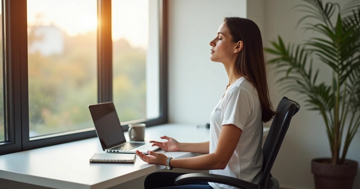 Pessoa sentada em cadeira de escritório fazendo respiração profunda 