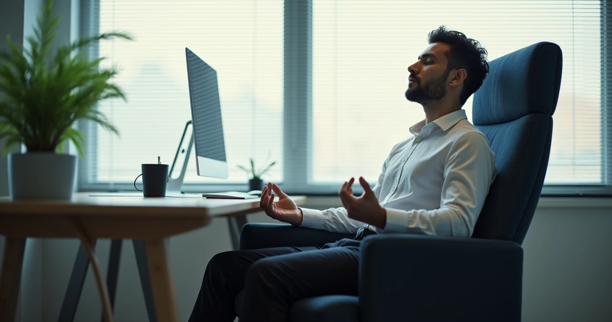 Pessoa sentada em cadeira de escritório, olhos fechados, meditando com luz suave 