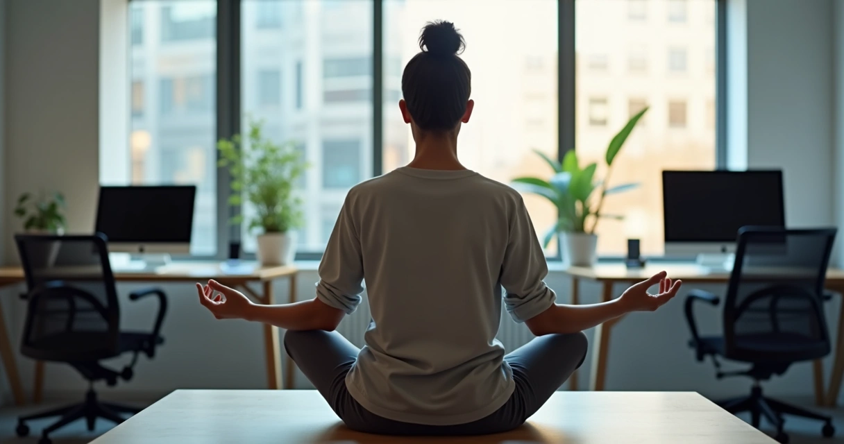 Pessoa praticando meditação em um escritório, cadeiras e computadores ao fundo, ambiente de trabalho com pequenas distrações ao redor 