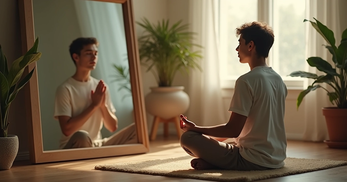 Pessoa sentada em posição de meditação olhando para o próprio reflexo no espelho 