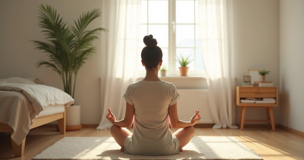 Pessoa sentada na posição de meditação em quarto simples 