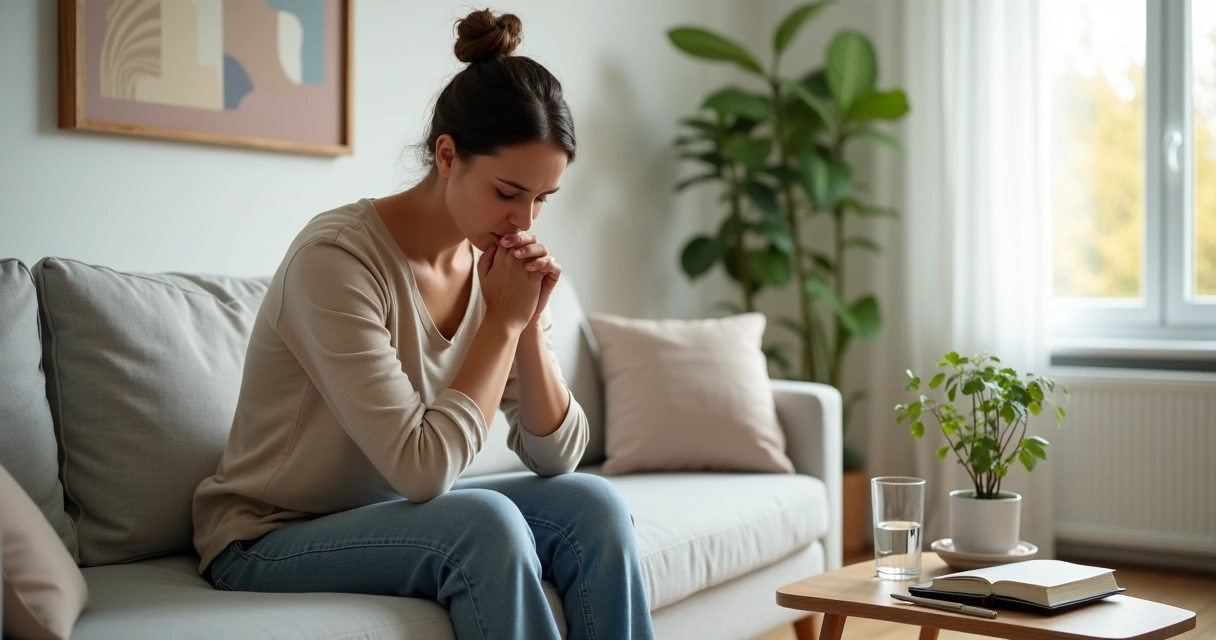 Pessoa sentada refletindo em sala iluminada com gesto de compaixão ativa 
