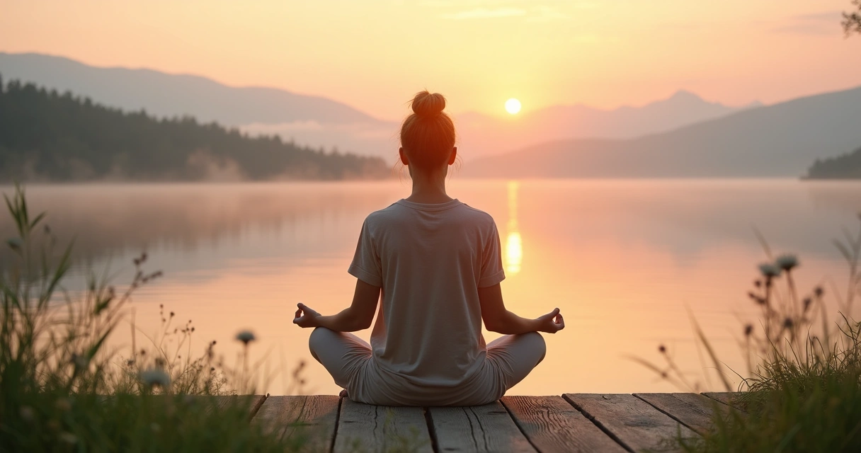 Pessoa sentada em meditação ao ar livre com gesto de gratidão ao nascer do sol 