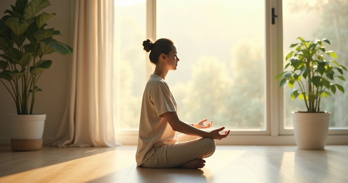 Pessoa sentada em meditação perto da janela com luz suave