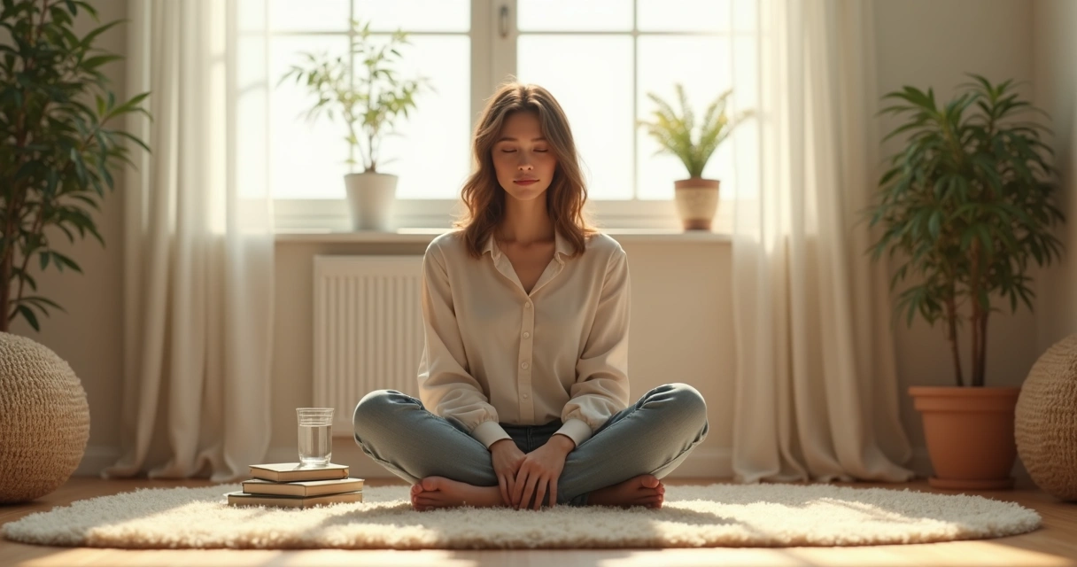 Pessoa sentada em posição de meditação com luz suave ao fundo 