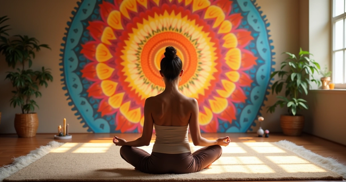 Pessoa sentada em postura de meditação diante de uma mandala 