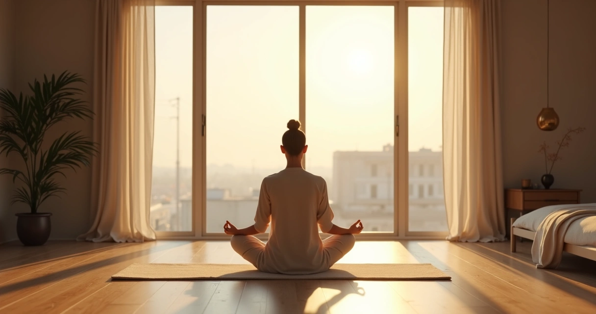 Pessoa meditando sozinha de manhã, luz suave entrando pela janela