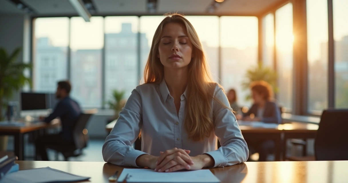 Pessoa sentada em mesa de escritório, olhos fechados, praticando meditação por alguns minutos 