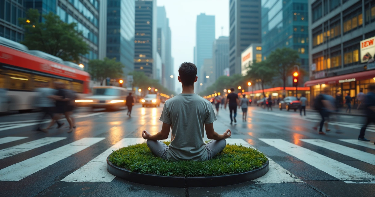 Pessoa sentada meditando em meio à cidade em movimento rápido 
