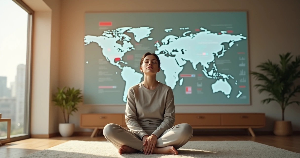 Pessoa meditando diante de um painel com mapas e gráficos globais 