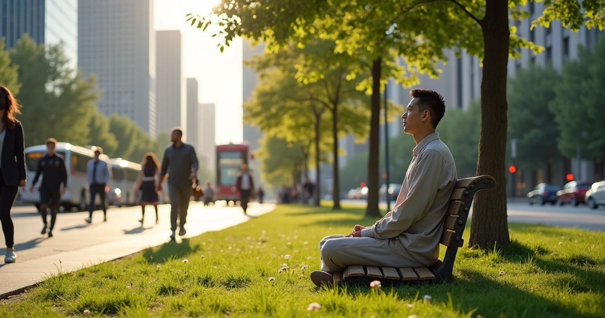 Pessoa sentada em meditação em um parque urbano movimentado 