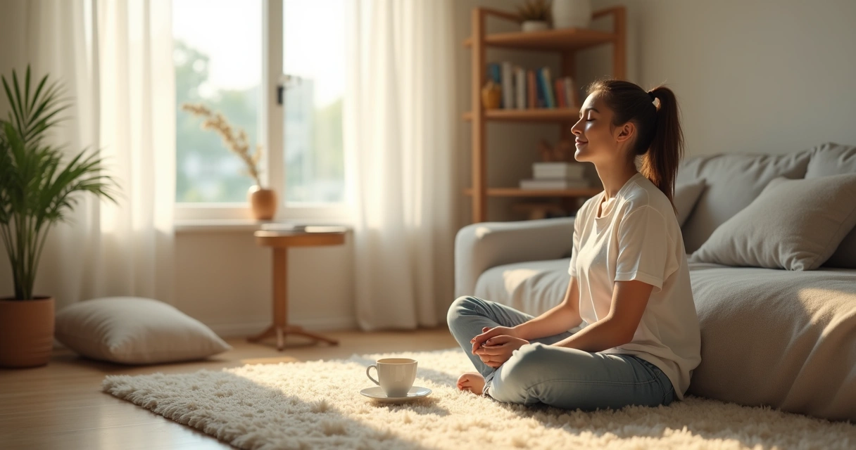 Pessoa sentada meditando em sala tranquila