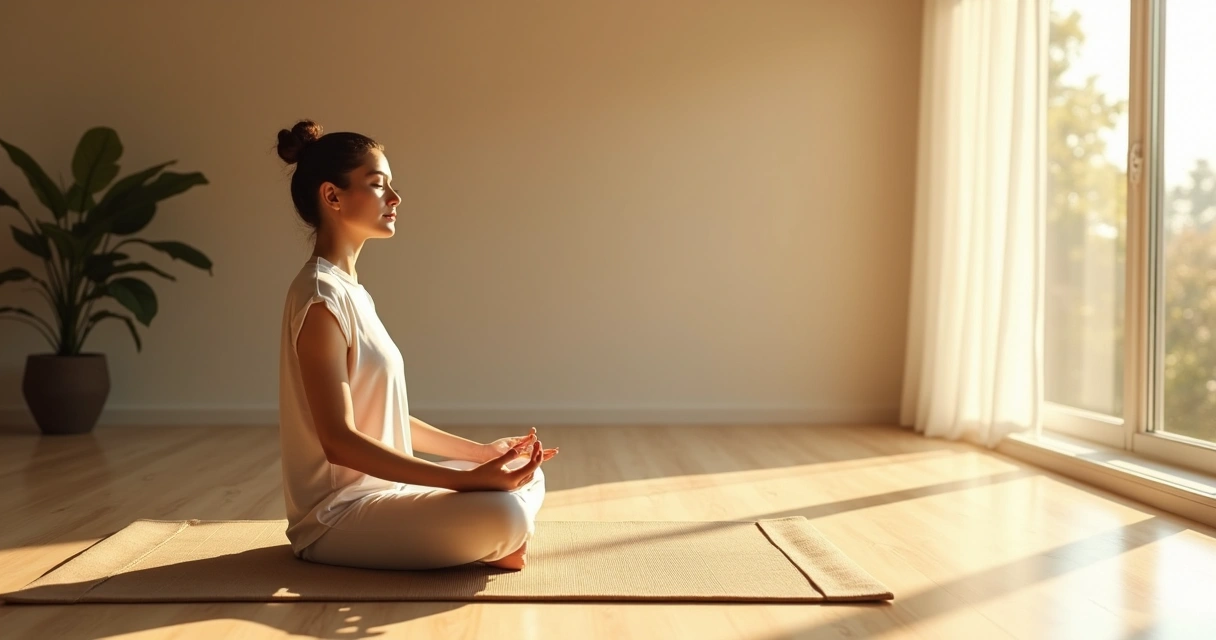 Pessoa sentada em posição de meditação com expressão tranquila, luz suave no ambiente