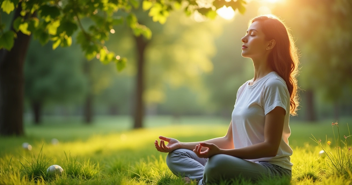Pessoa sentada em posição de meditação, em meio à natureza 