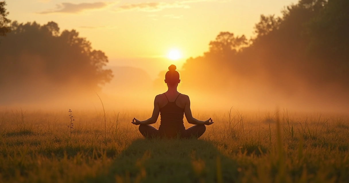 Mulher sentada em posição de meditação em campo gramado ao nascer do sol, cercada por árvores baixas.