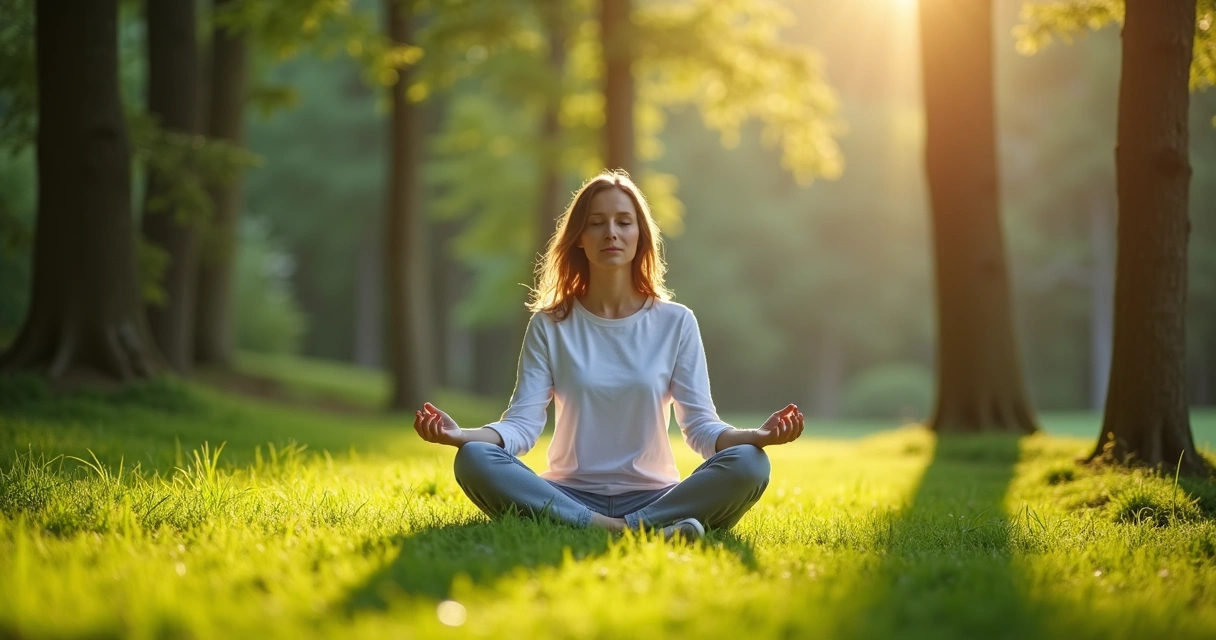 Pessoa sentada em posição de meditação na grama com árvores ao fundo