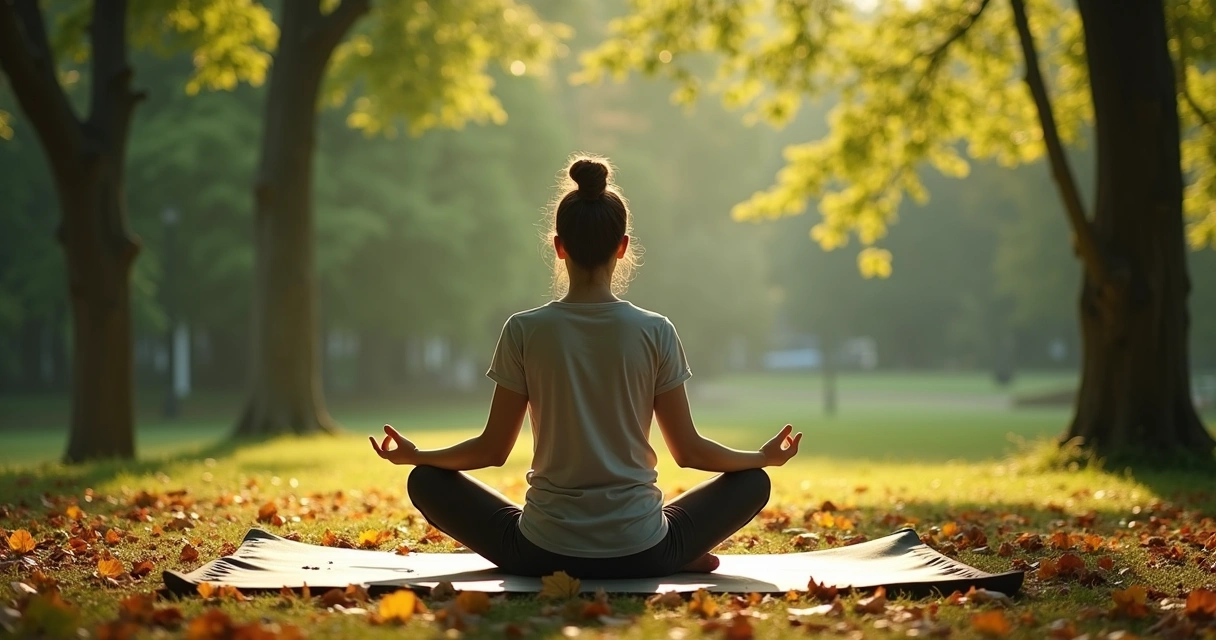 Pessoa sentada em postura de meditação ao ar livre, cercada por árvores e folhas ao chão. 