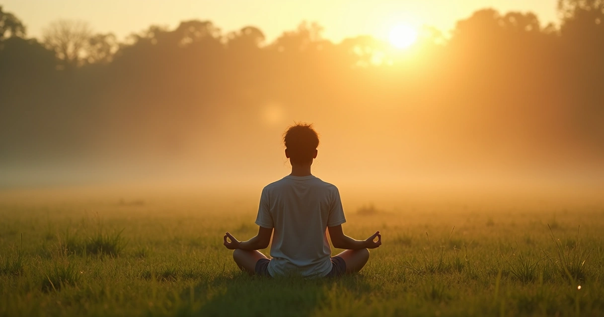 Pessoa sentada em postura de meditação em meio à natureza ao amanhecer. 