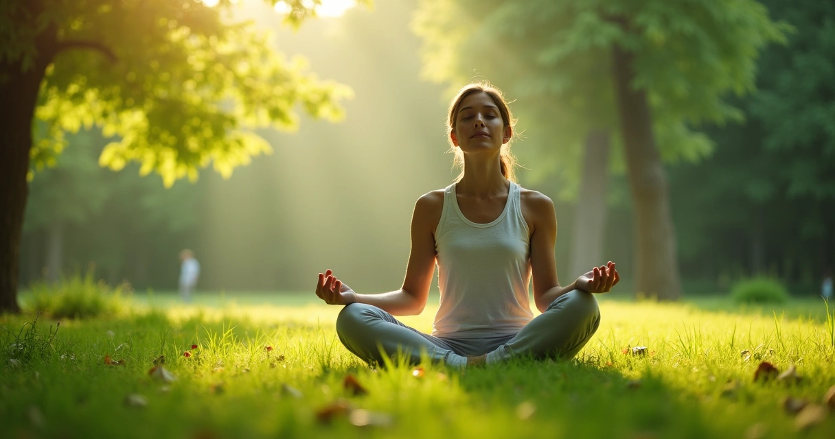 Pessoa sentada em posição de meditação em meio à natureza, olhos fechados 