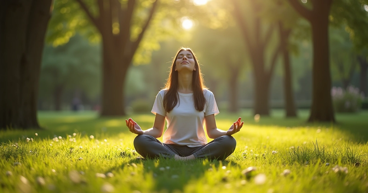 Pessoa sentada meditando em ambiente natural ao ar livre, inspirando calma e autoconsciência