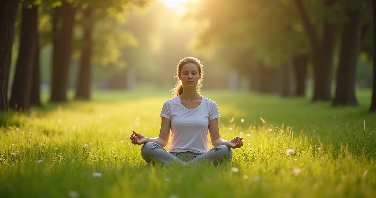 Pessoa sentada meditando em meio à natureza