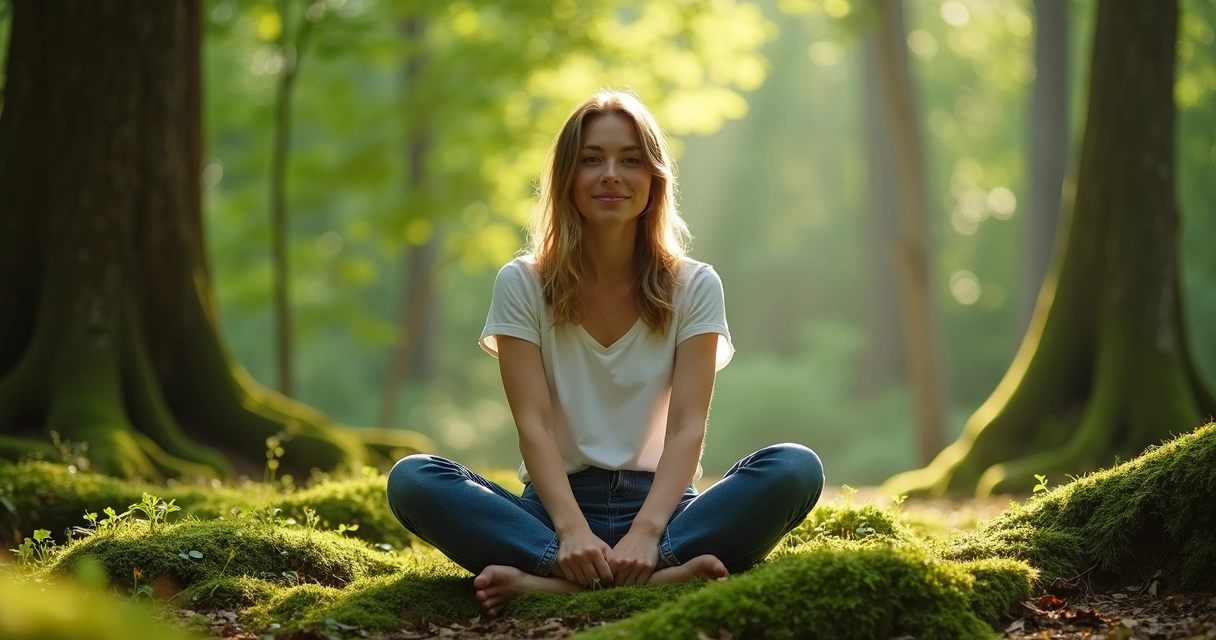 Pessoa sentada meditando em ambiente natural cheio de verde
