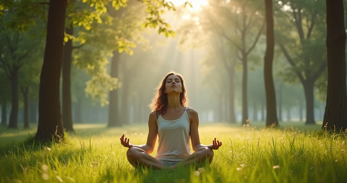Pessoa sentada meditando em meio à natureza, com árvores e luz suave