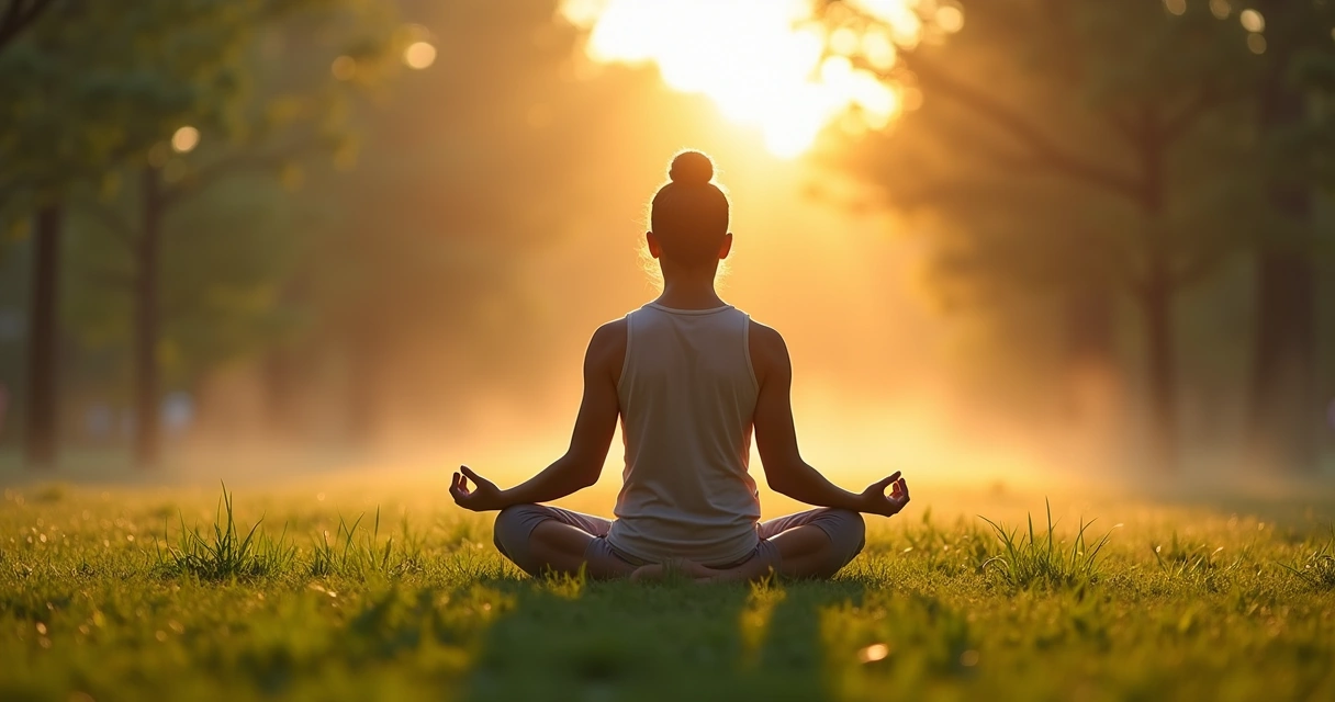 Pessoa sentada meditando em gramado ao nascer do sol 
