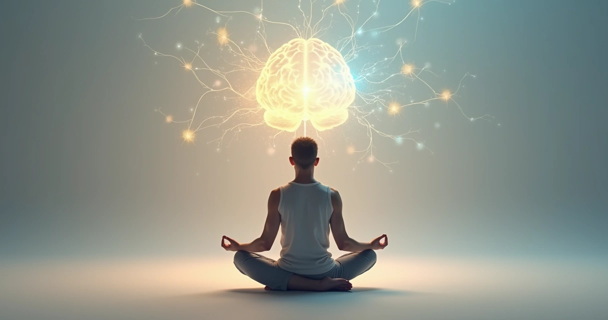 Pessoa sentada meditando com ilustrações de conexões cerebrais 