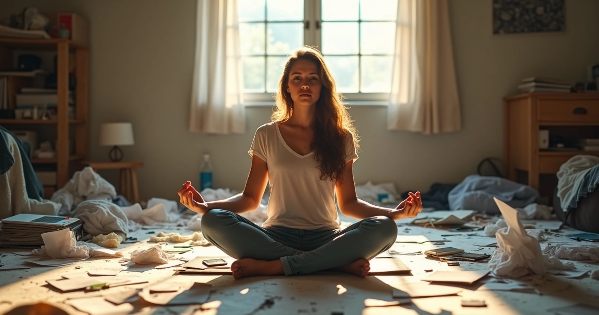 Pessoa sentada em posição de meditação em meio a um ambiente caótico e bagunçado, com objetos espalhados no chão e uma expressão serena. 