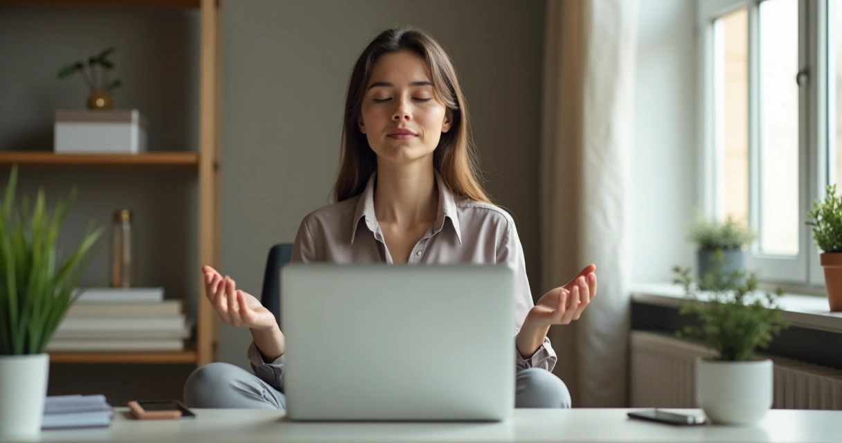 Pessoa meditando sentada em cadeira no escritório moderno 