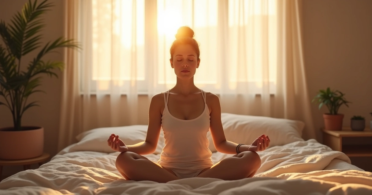Pessoa sentada meditando em um quarto iluminado ao amanhecer