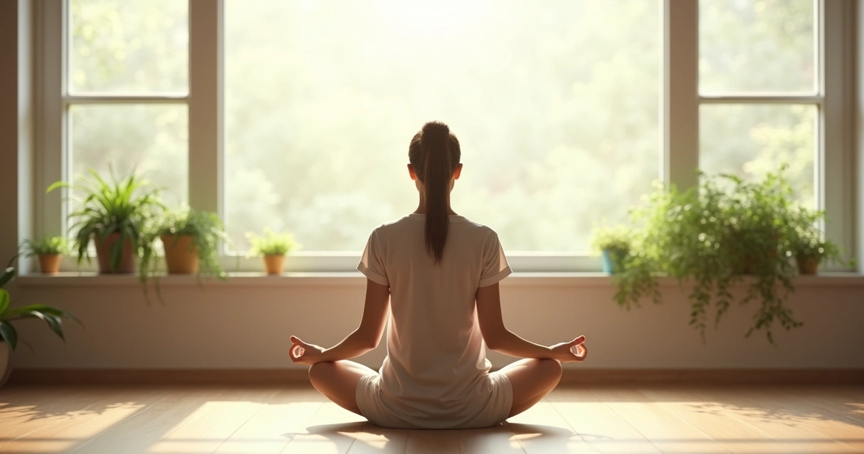 Pessoa meditando sentada em frente a uma janela 