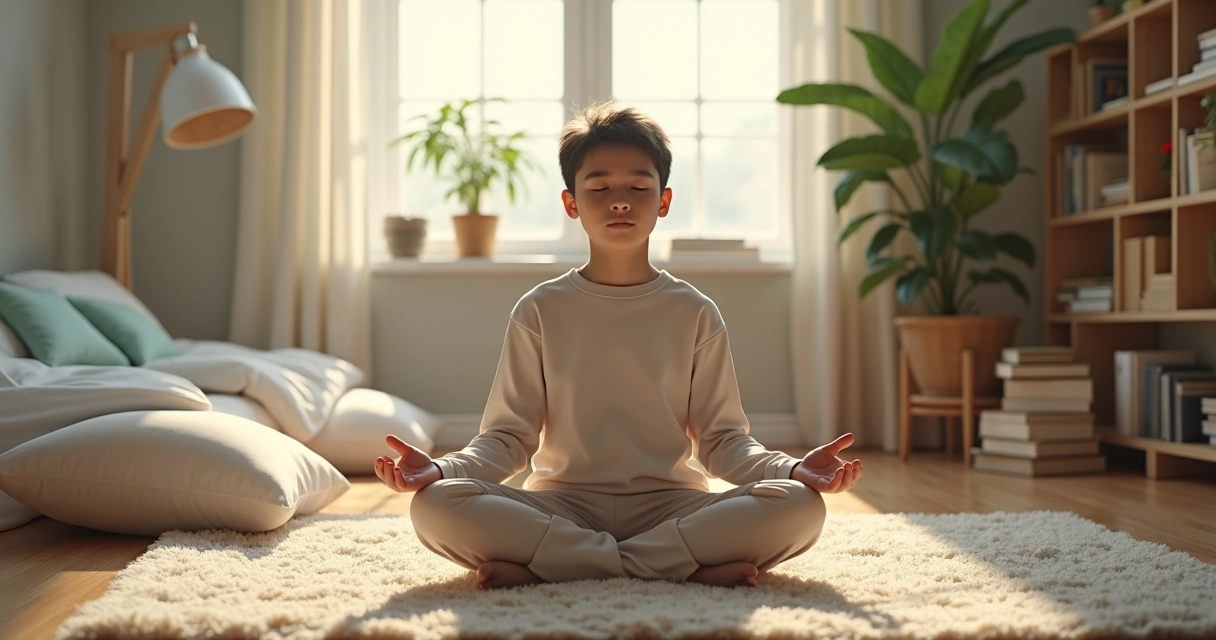 Pessoa sentada em meditação em ambiente tranquilo 