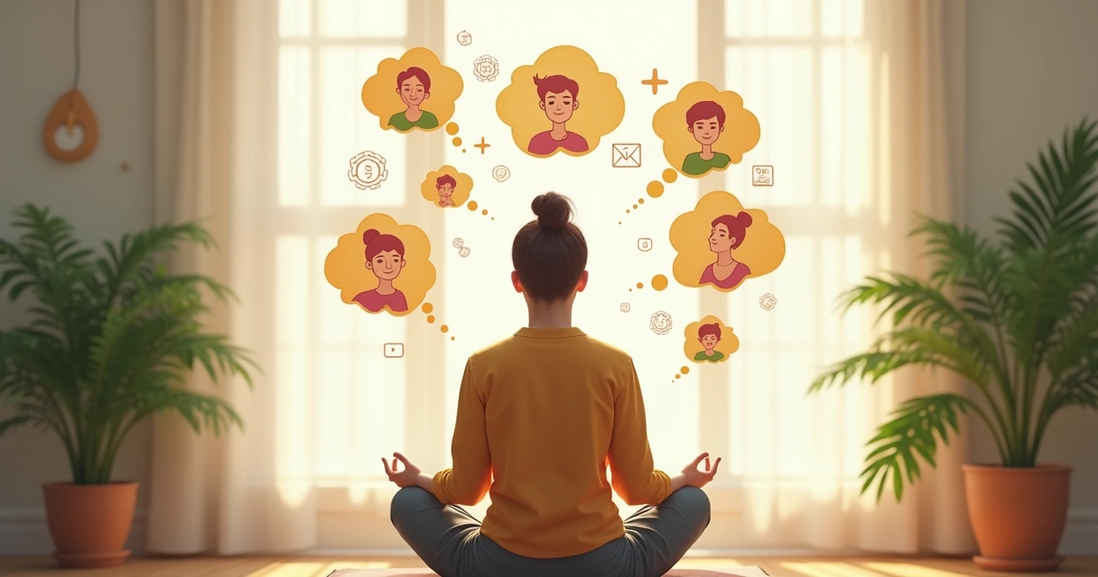 Pessoa sentada meditando, cercada por símbolos de reflexão e diálogo, em ambiente tranquilo