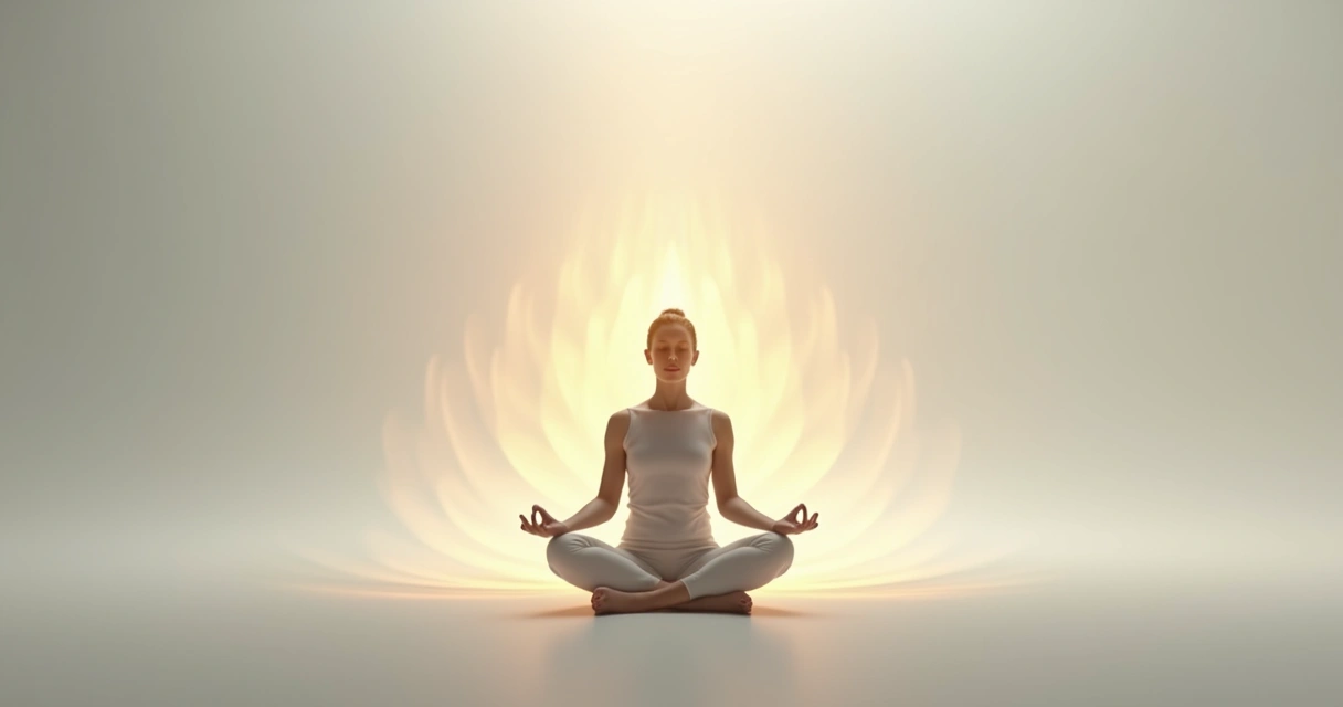 Pessoa sentada em posição de meditação em ambiente minimalista clara, reflexiva 