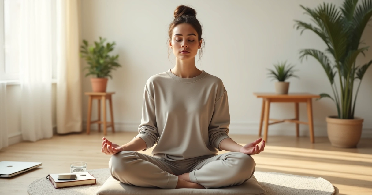 Pessoa sentada em meditação em sala minimalista com luz suave 