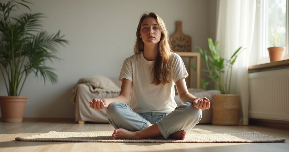 Pessoa sentada em tapete meditando com luz suave ao fundo