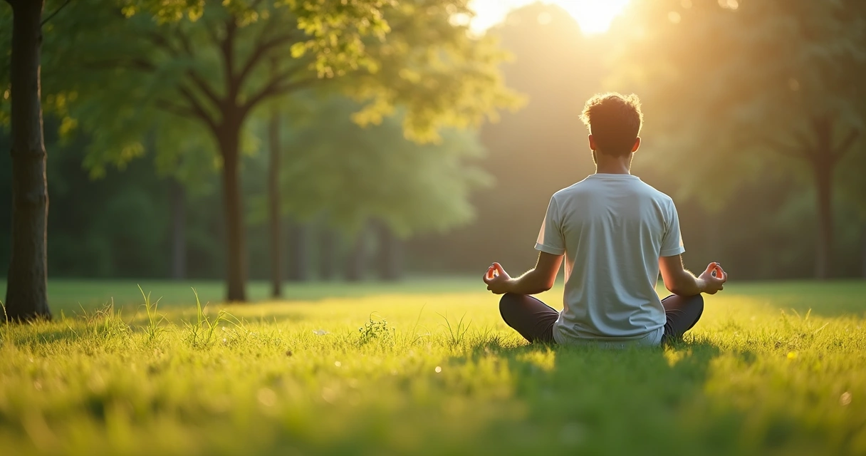 Pessoa sentada em posição de meditação ao ar livre, sem celular por perto 