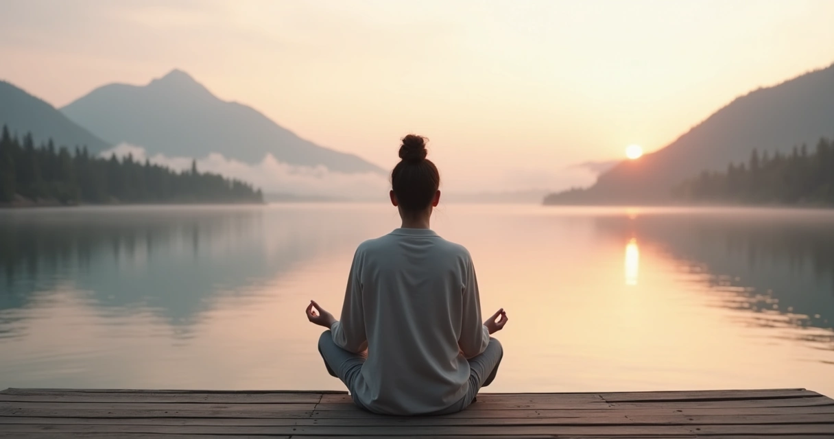 Pessoa sentada meditando em silêncio diante de paisagem natural ampla 