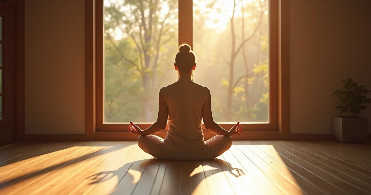 Pessoa sentada meditando próximo a uma janela com luz do sol entrando na sala