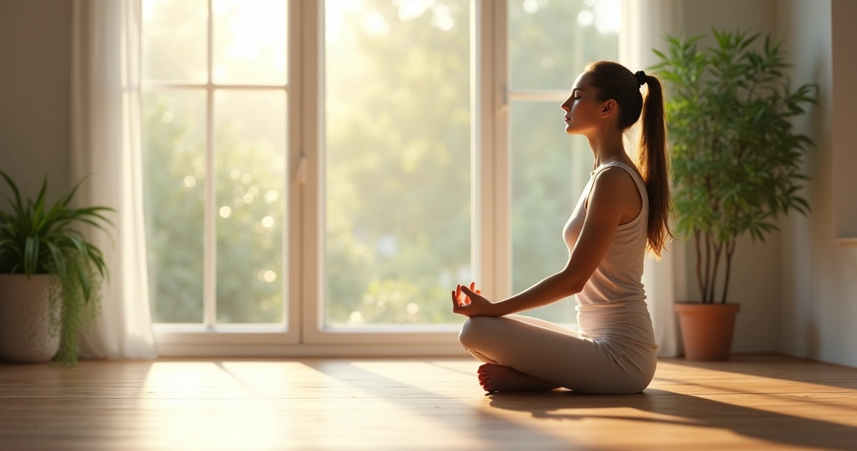 Pessoa sentada meditando com luz do sol perto de uma janela