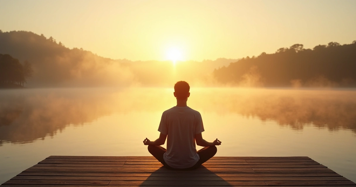 Pessoa meditando ao nascer do sol em local tranquilo. 