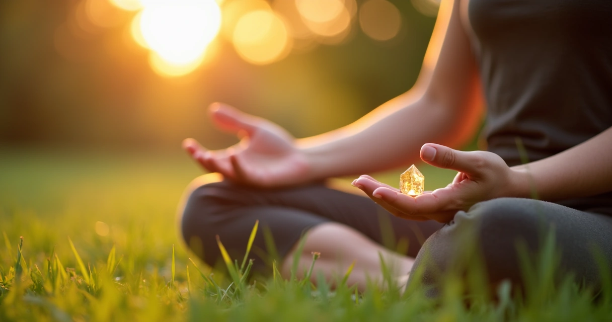 Pessoa segurando talismã meditando no campo 