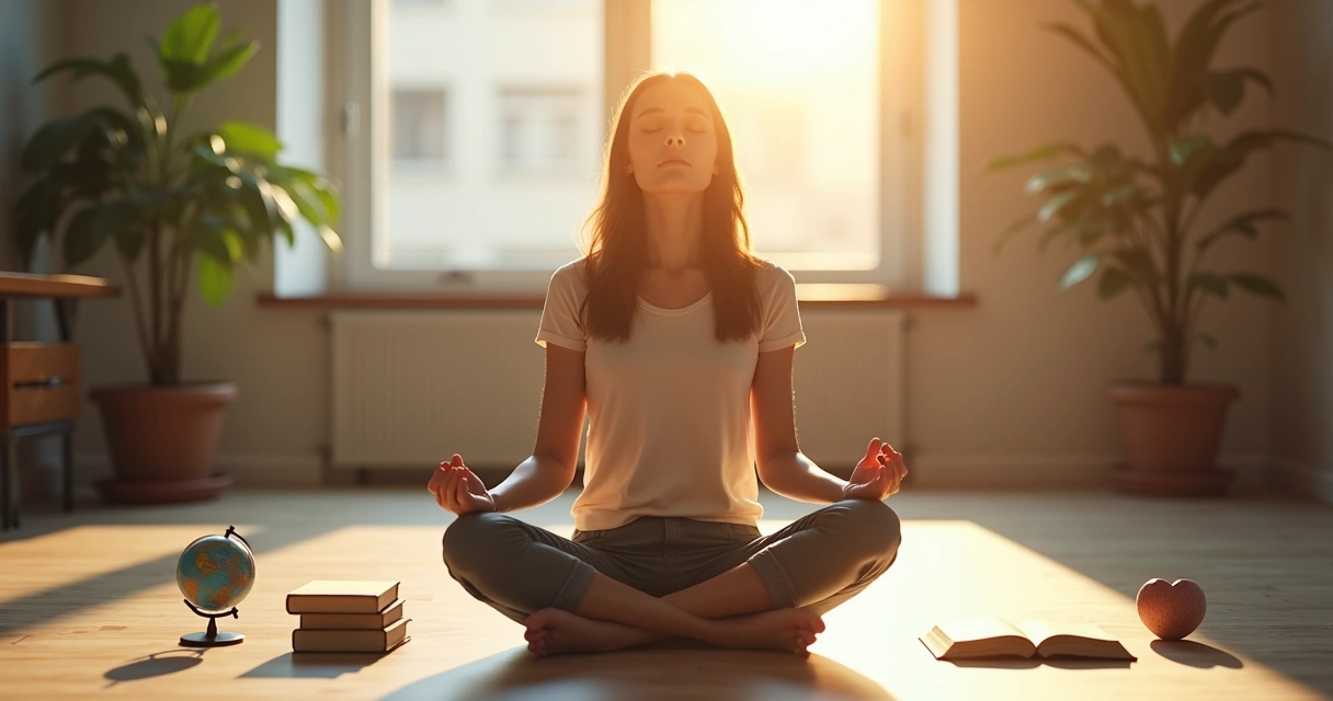 Pessoa meditando em ambiente de trabalho, ao lado de objetos que representam valores humanos