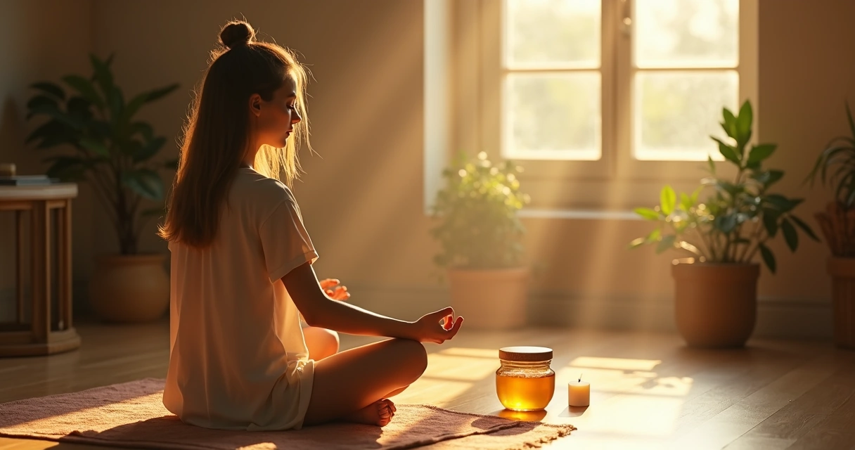 Pessoa sentada em meditação com pote de mel e vela acesa 